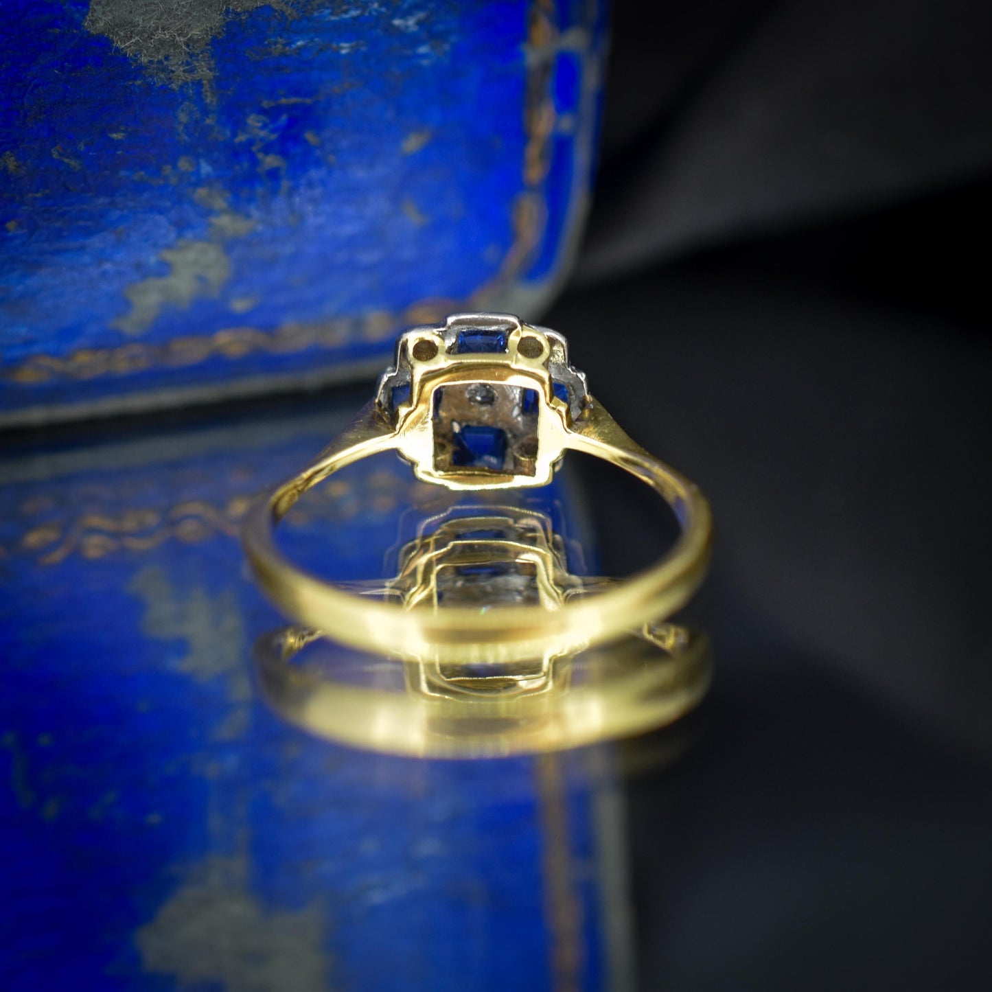 Art Deco Blue Sapphire and Diamond 18ct Gold Checkerboard Ring