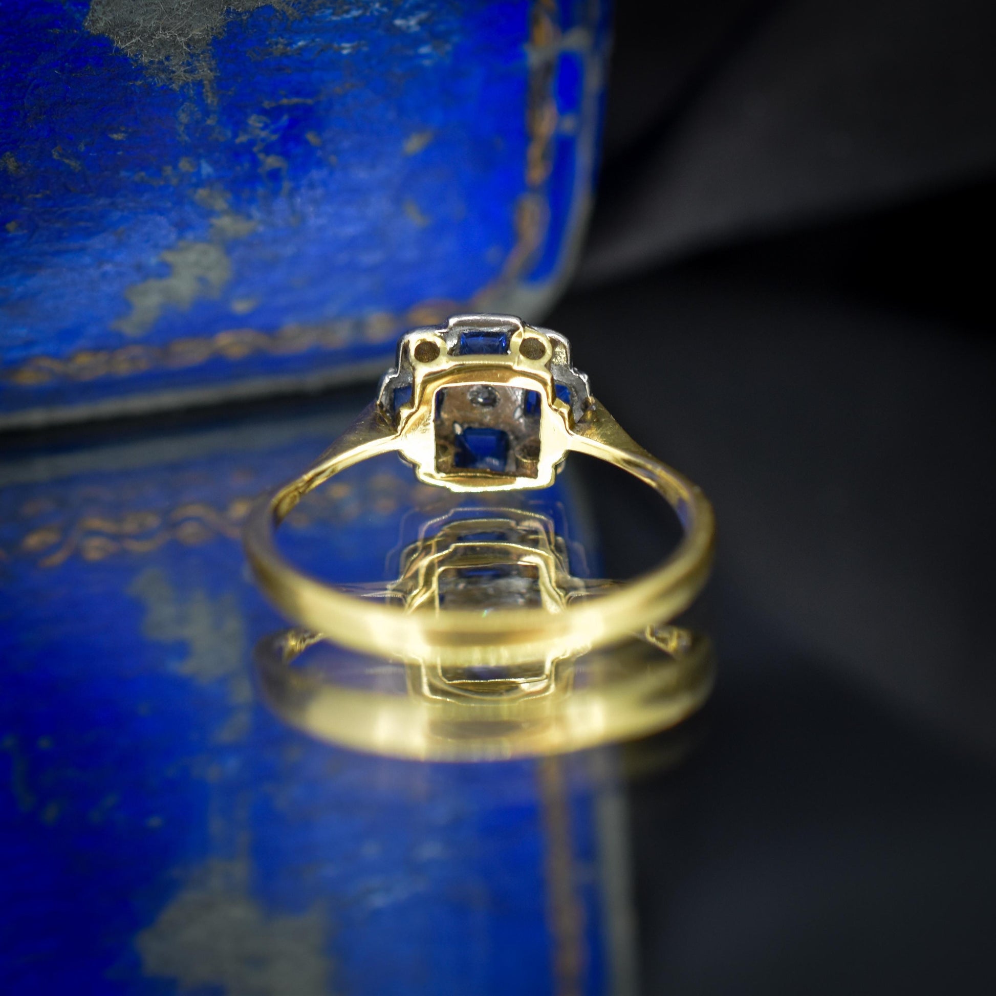 Art Deco Blue Sapphire and Diamond 18ct Gold Checkerboard Ring