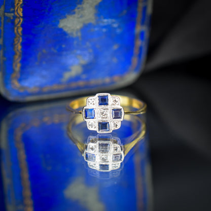 Art Deco Blue Sapphire and Diamond 18ct Gold Checkerboard Ring