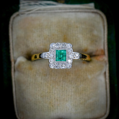 Art Deco Emerald and Diamond Square Cluster Halo 18ct Gold Ring