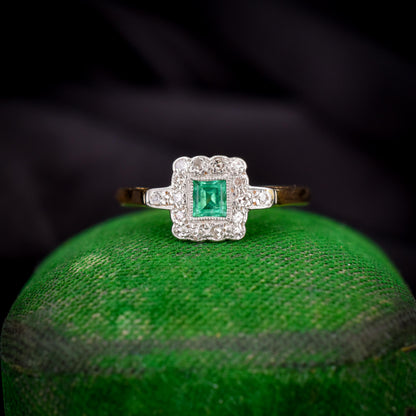 Art Deco Emerald and Diamond Square Cluster Halo 18ct Gold Ring
