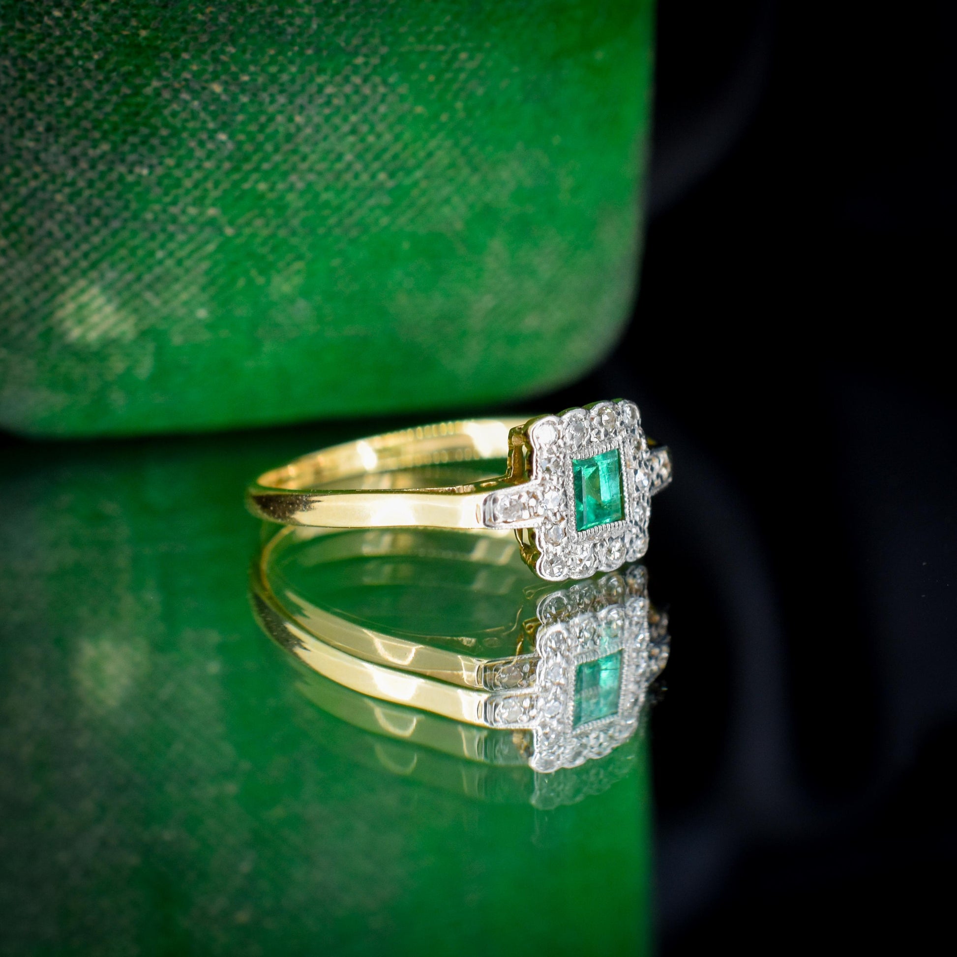 Art Deco Emerald and Diamond Square Cluster Halo 18ct Gold Ring