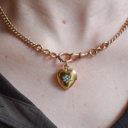 Antique Turquoise Pearl Flower Rolled Gold Locket Pendant