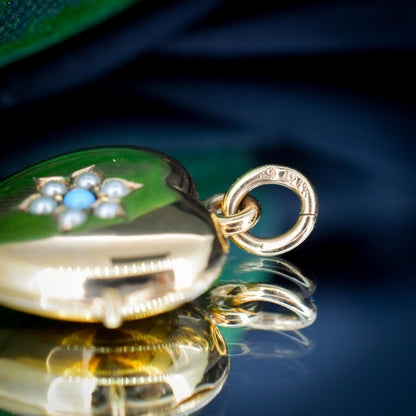 Antique Turquoise Pearl Flower Rolled Gold Locket Pendant