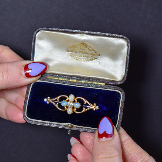 Antique Natural Opal Diamond 15ct Gold Brooch Pin | Boxed