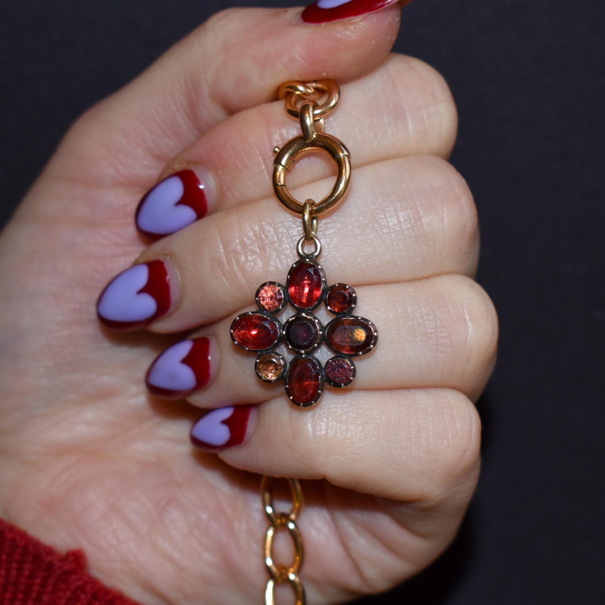 Antique Georgian Flat Cut Garnet Flower Gold Pendant