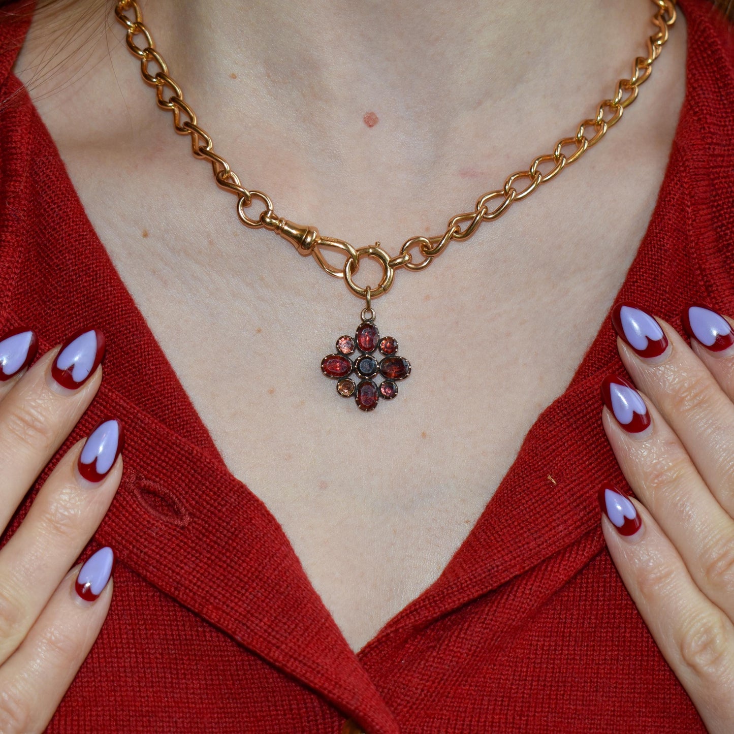 Antique Georgian Flat Cut Garnet Flower Gold Pendant