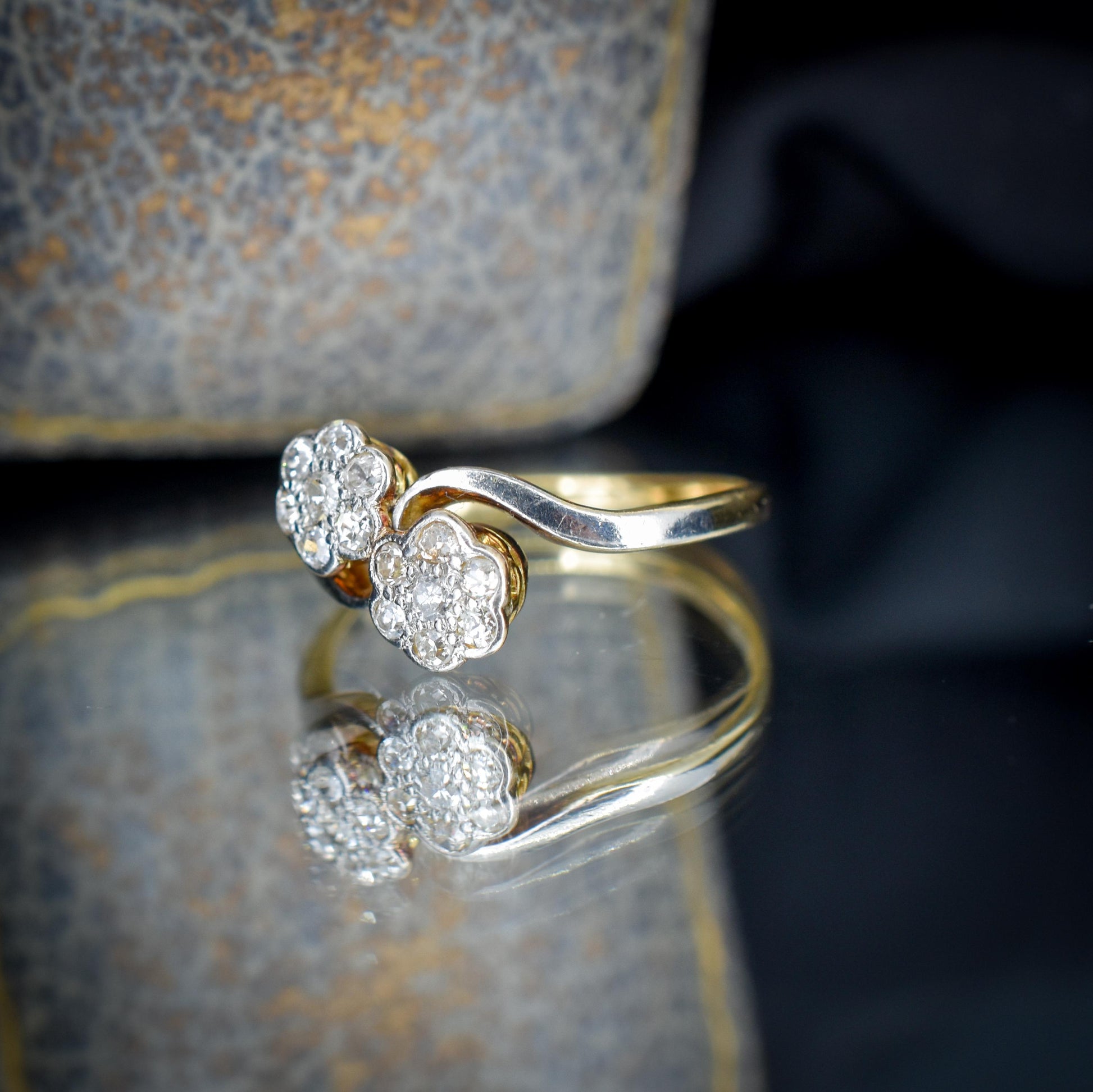 Antique Diamond Cluster Flower Daisy 18ct Gold Double Twist Ring