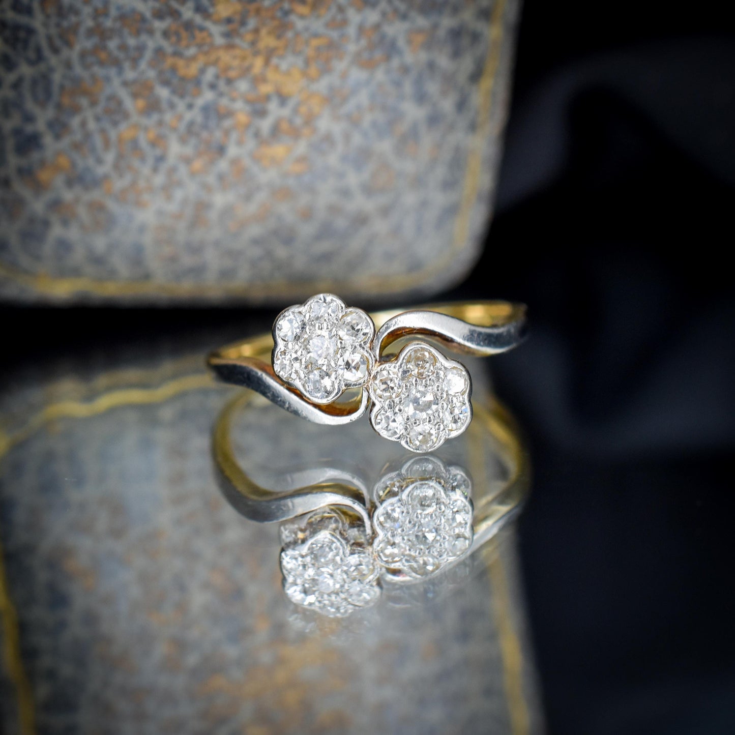 Antique Diamond Cluster Flower Daisy 18ct Gold Double Twist Ring