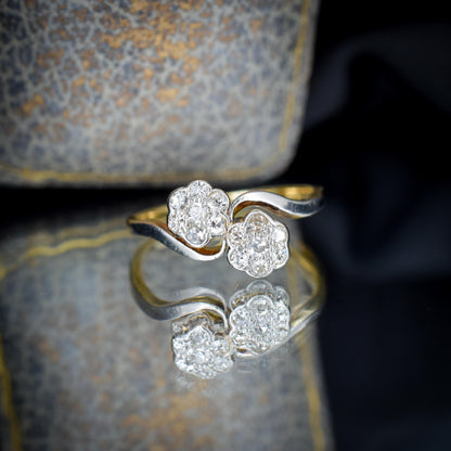 Antique Diamond Cluster Flower Daisy 18ct Gold Double Twist Ring
