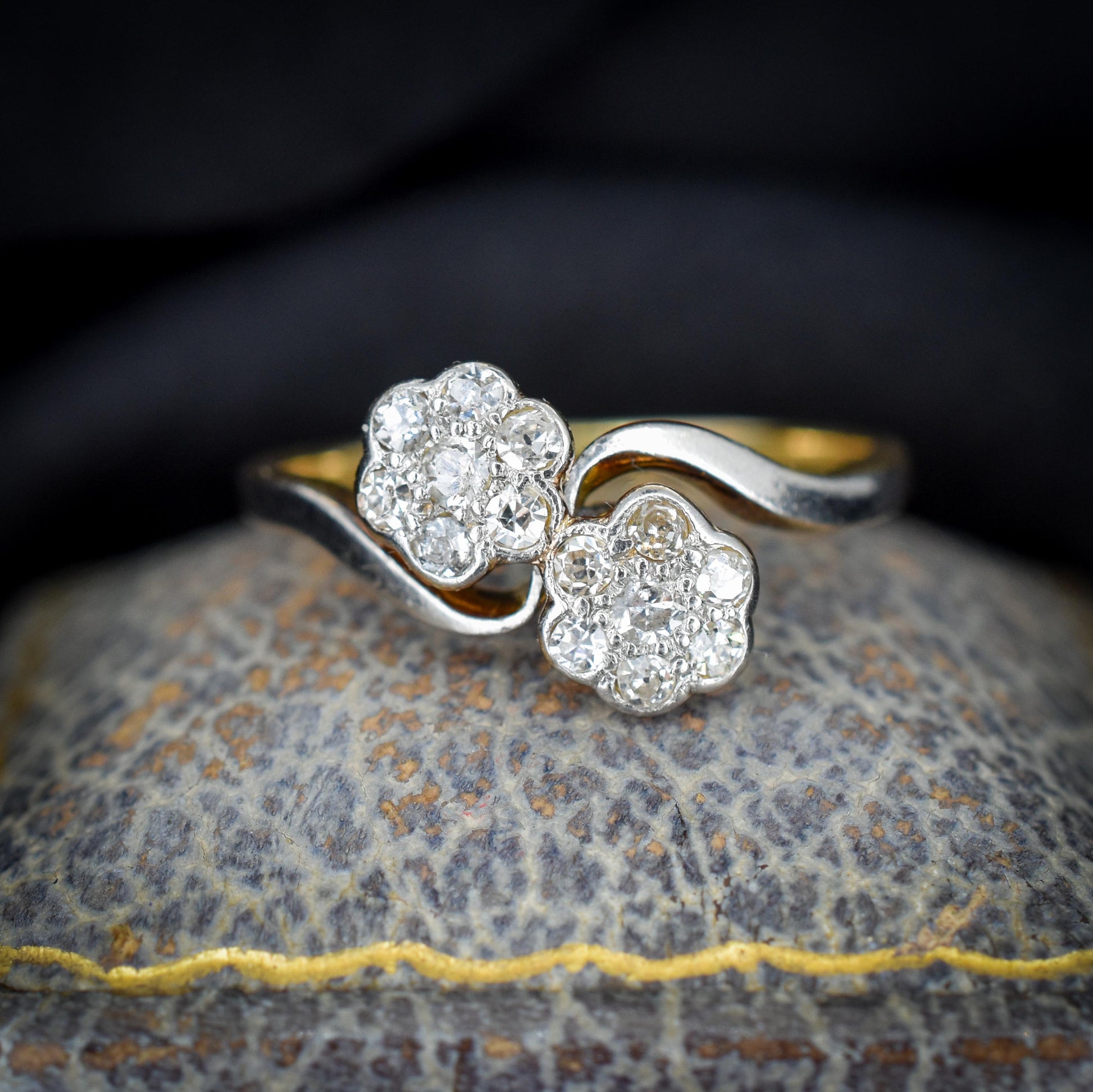 Antique Diamond Cluster Flower Daisy 18ct Gold Double Twist Ring