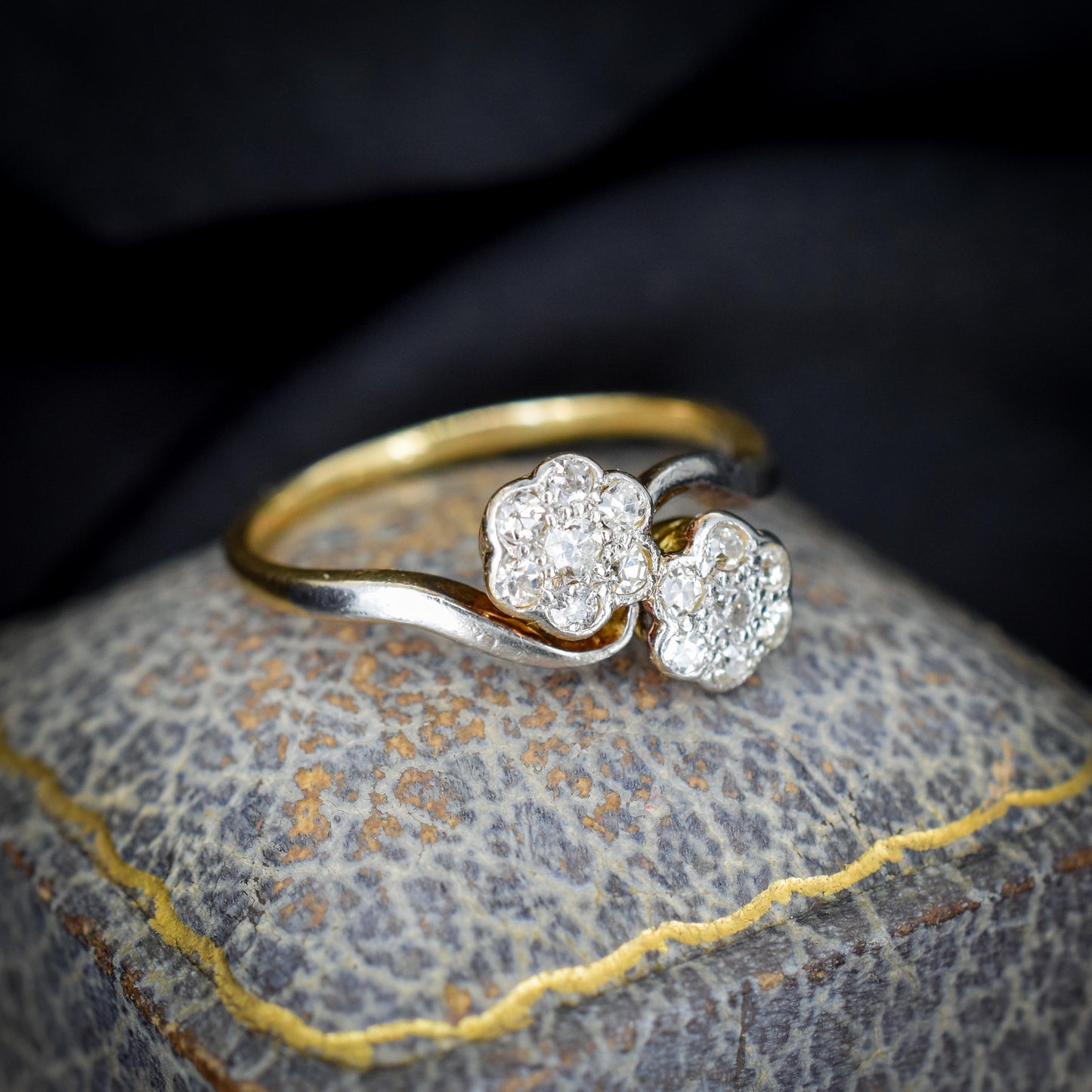 Antique Diamond Cluster Flower Daisy 18ct Gold Double Twist Ring