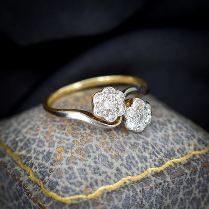 Antique Diamond Cluster Flower Daisy 18ct Gold Double Twist Ring