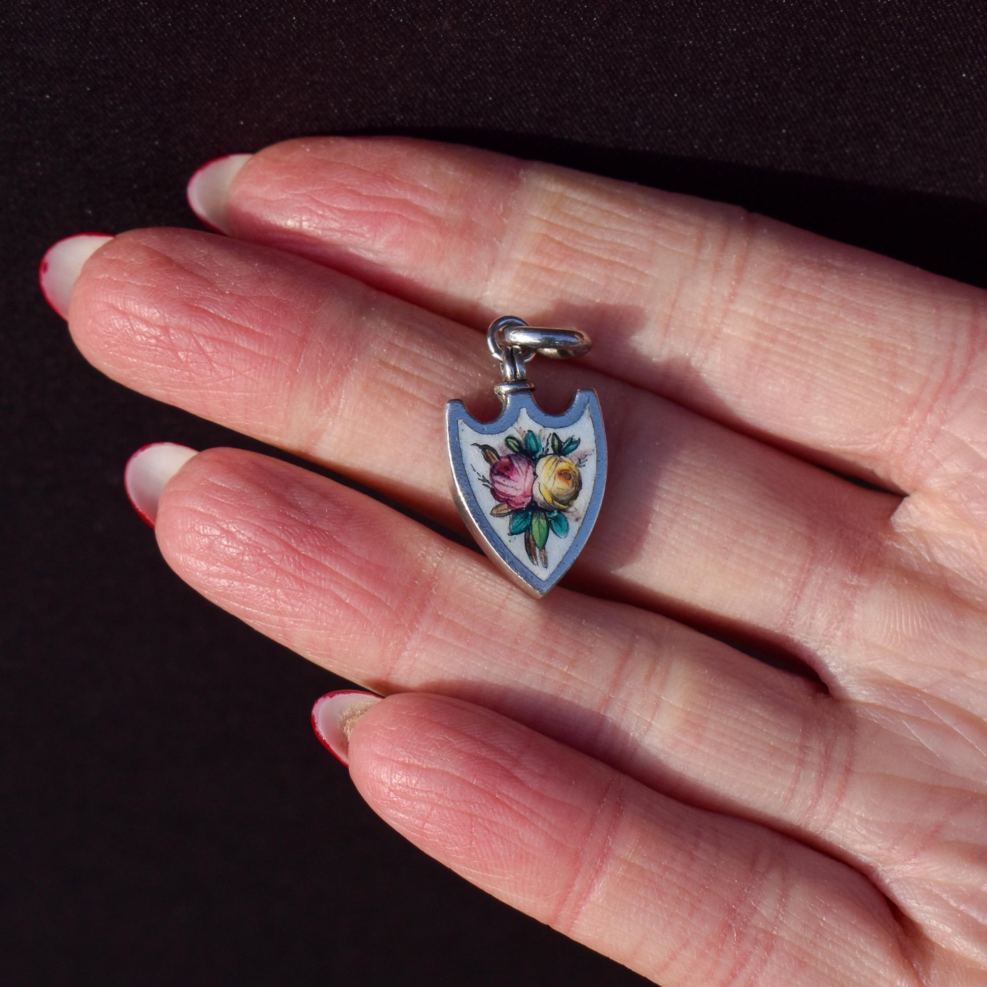 Antique Scandinavian Silver Enamel Floral Shield Charm Pendant