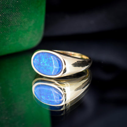 2.35ct Black Opal Solitaire 18ct Yellow Gold Signet Ring - 7.2g