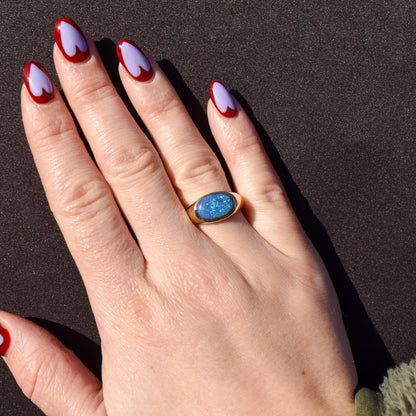 2.35ct Black Opal Solitaire 18ct Yellow Gold Signet Ring - 7.2g