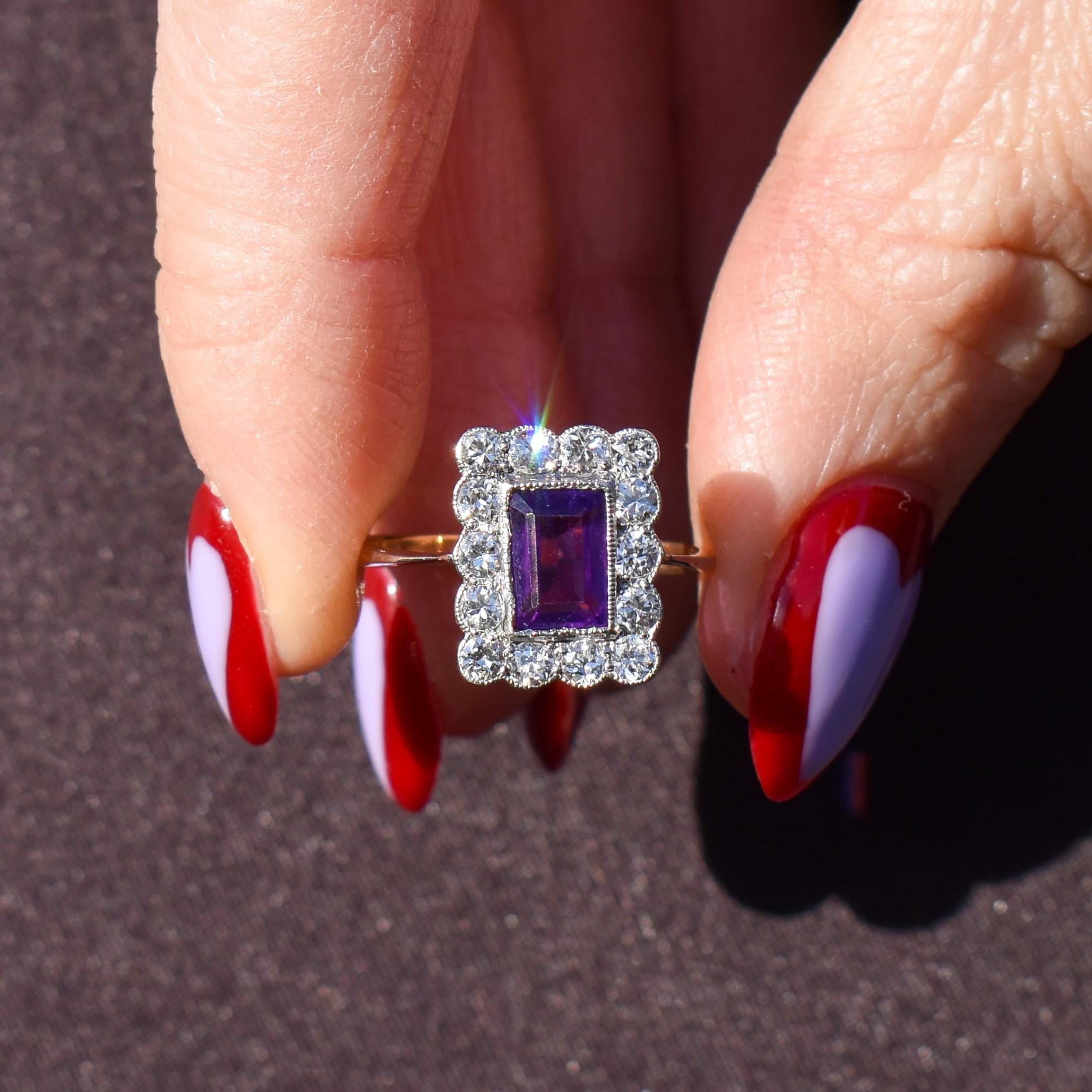 Emerald Cut Amethyst and Diamond Halo Cluster 18ct Gold Ring