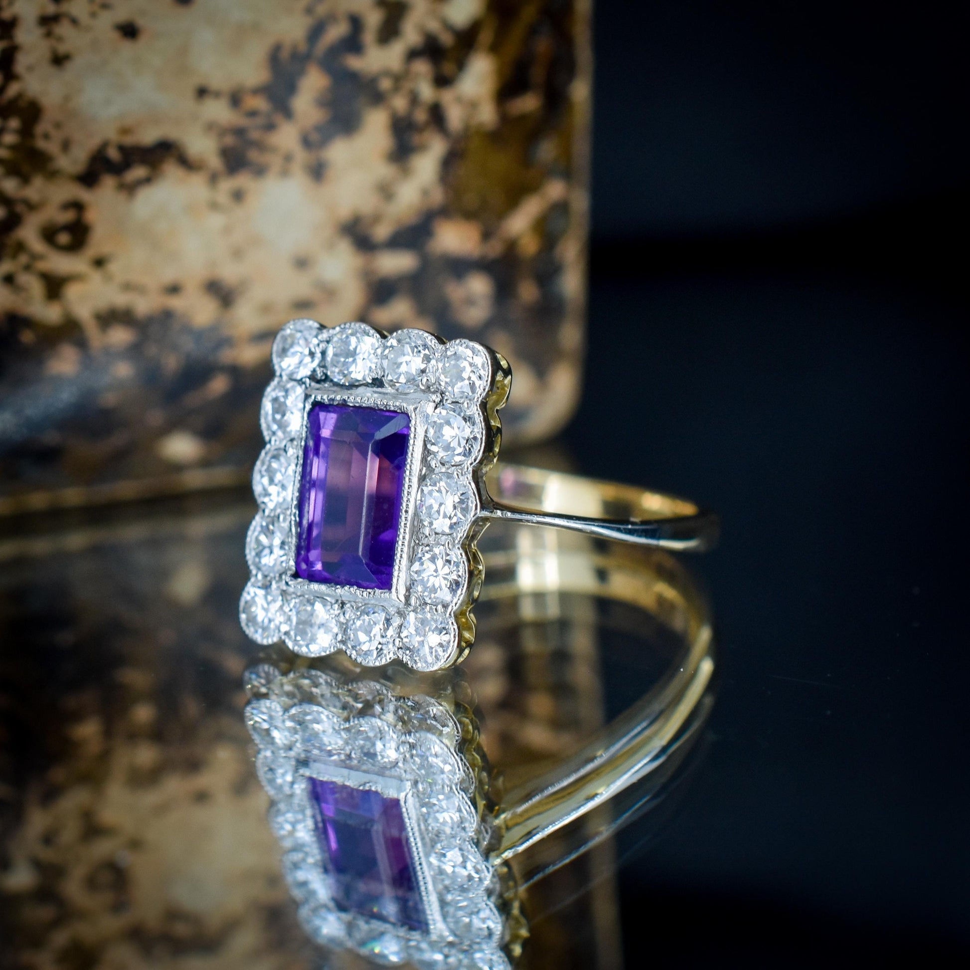 Emerald Cut Amethyst and Diamond Halo Cluster 18ct Gold Ring