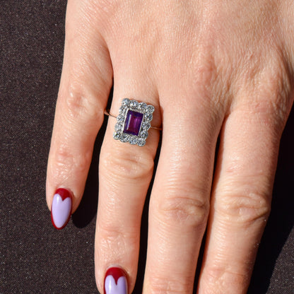 Emerald Cut Amethyst and Diamond Halo Cluster 18ct Gold Ring