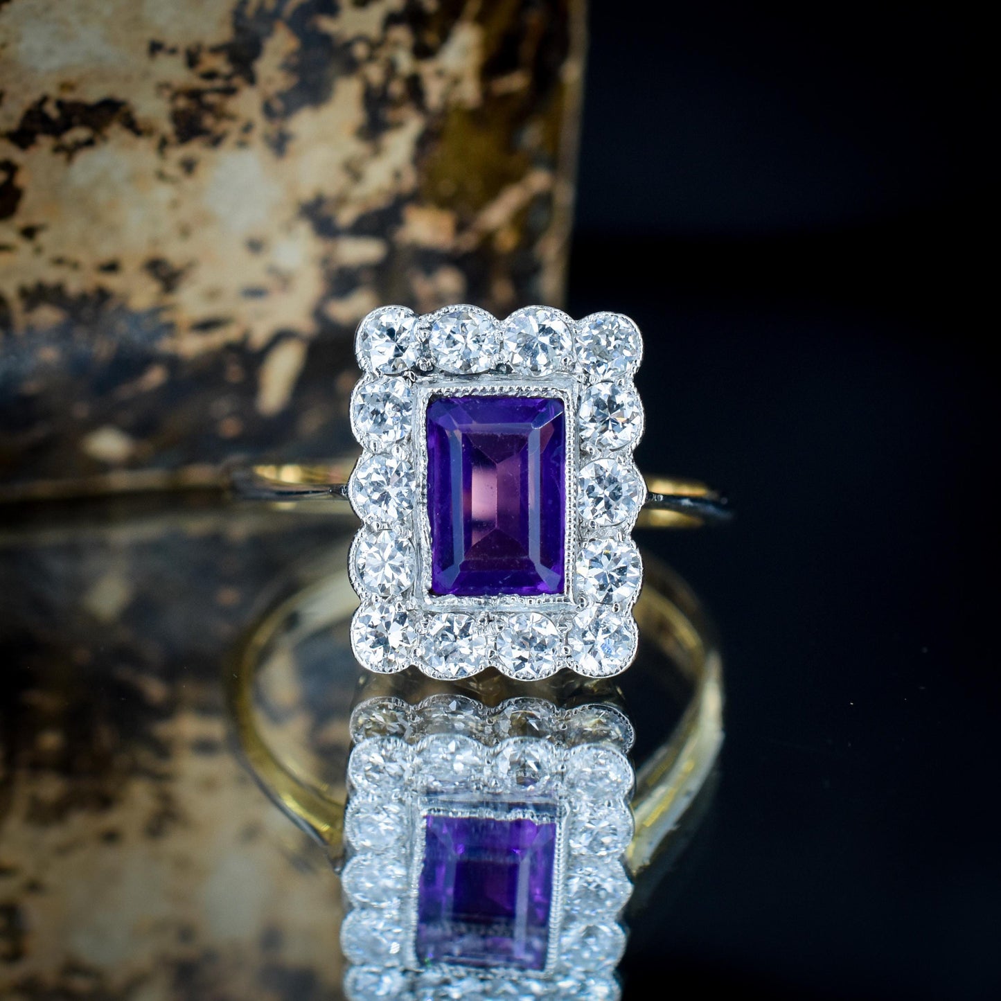 Emerald Cut Amethyst and Diamond Halo Cluster 18ct Gold Ring