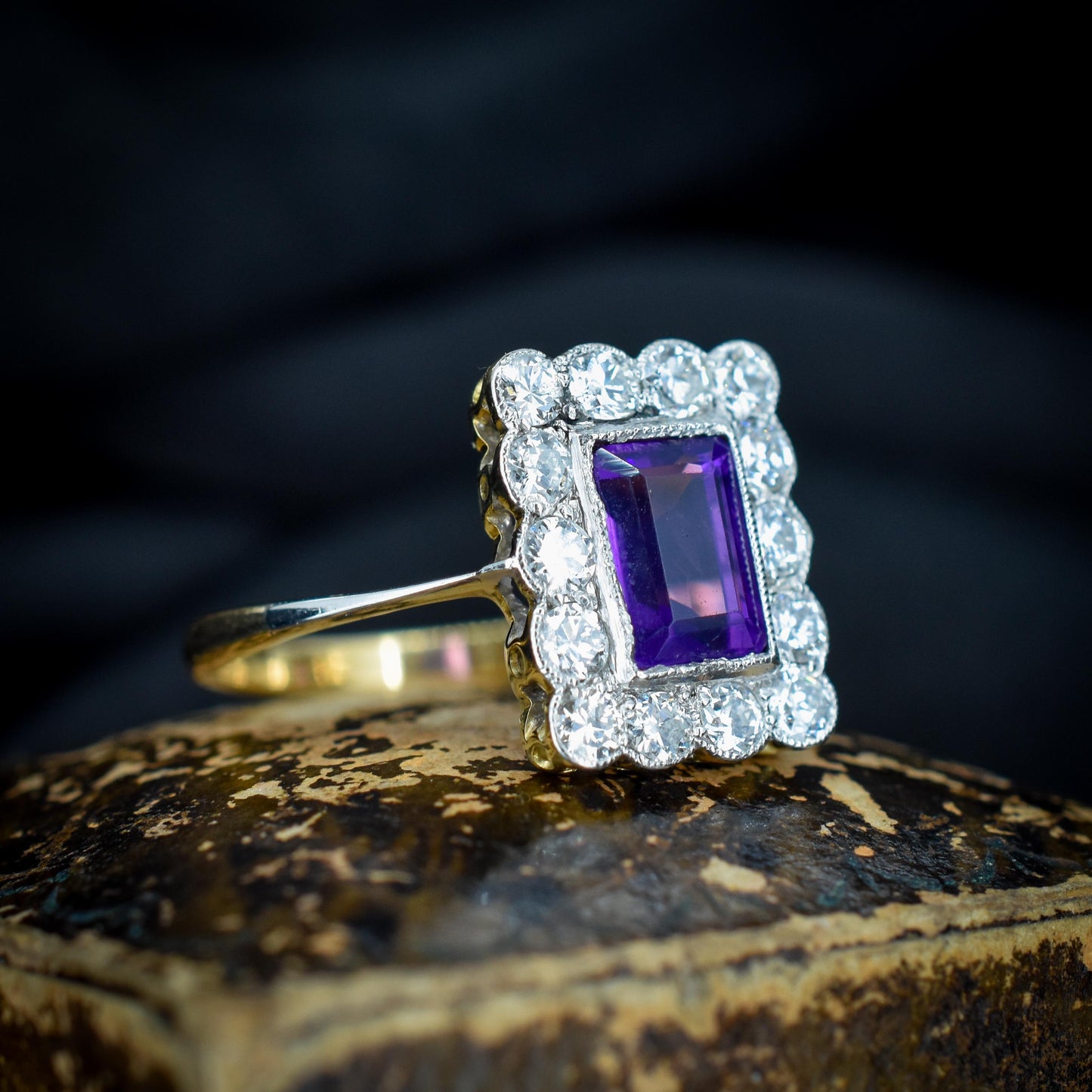 Emerald Cut Amethyst and Diamond Halo Cluster 18ct Gold Ring