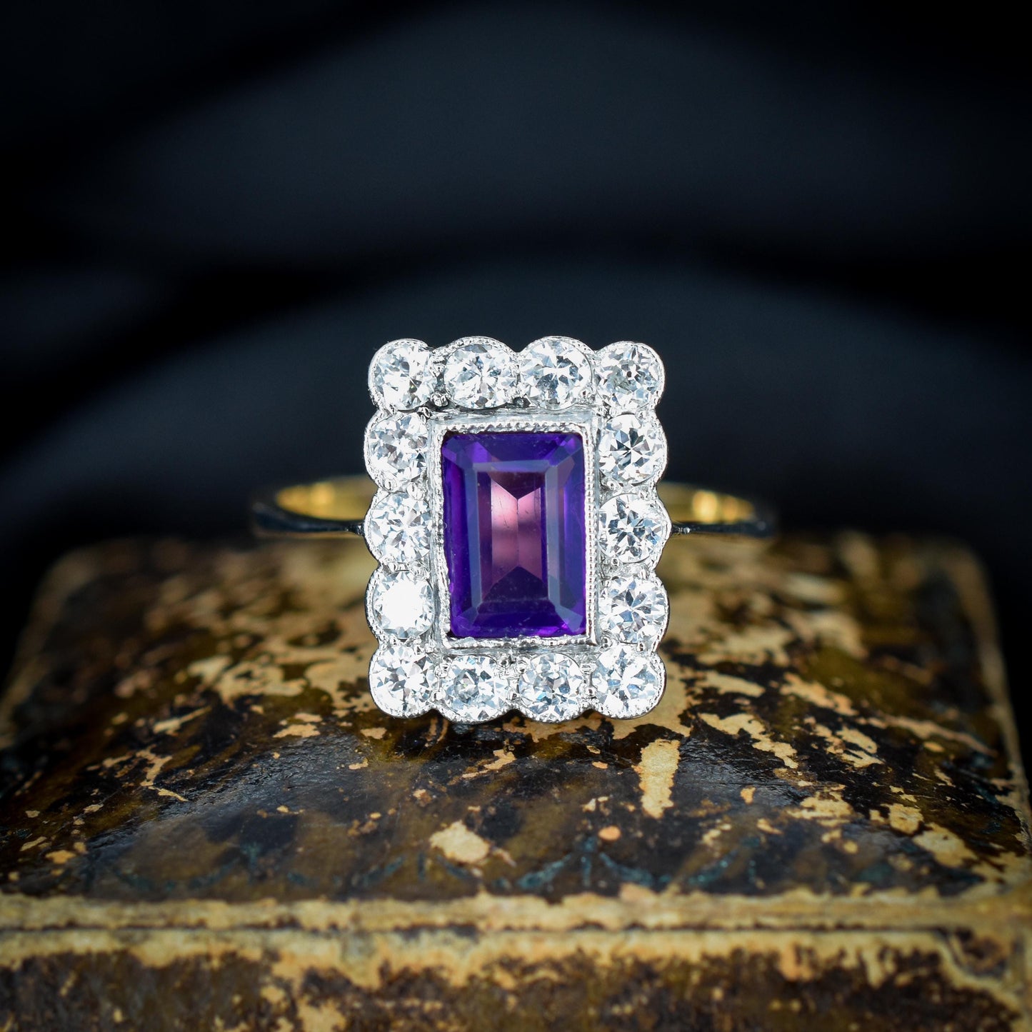 Emerald Cut Amethyst and Diamond Halo Cluster 18ct Gold Ring