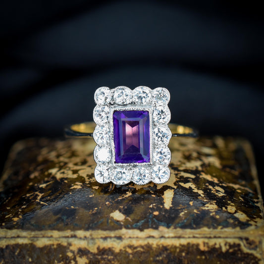 Emerald Cut Amethyst and Diamond Halo Cluster 18ct Gold Ring