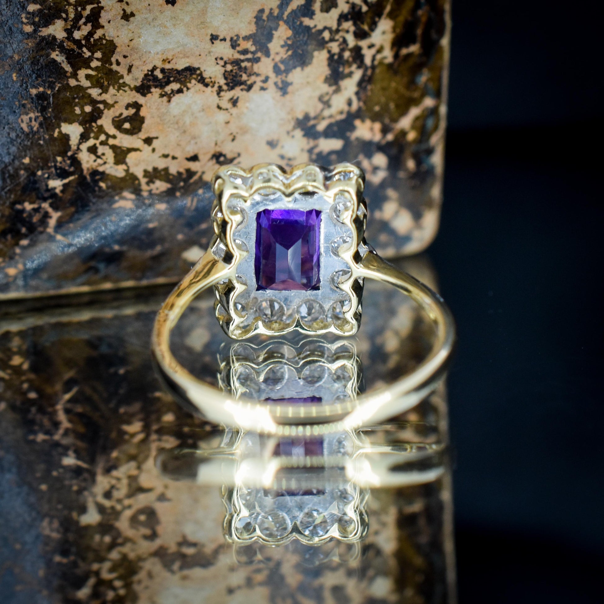 Emerald Cut Amethyst and Diamond Halo Cluster 18ct Gold Ring
