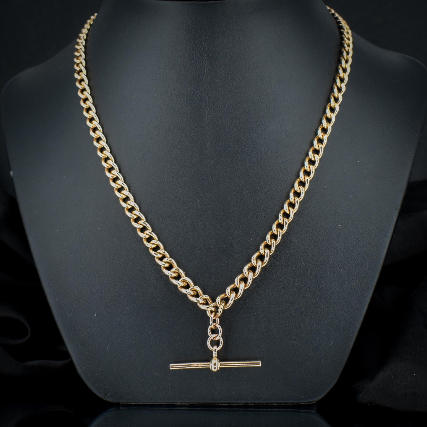 Vintage 17.75" 9ct Rose Gold Curb Link Double Albert Watch Chain Necklace