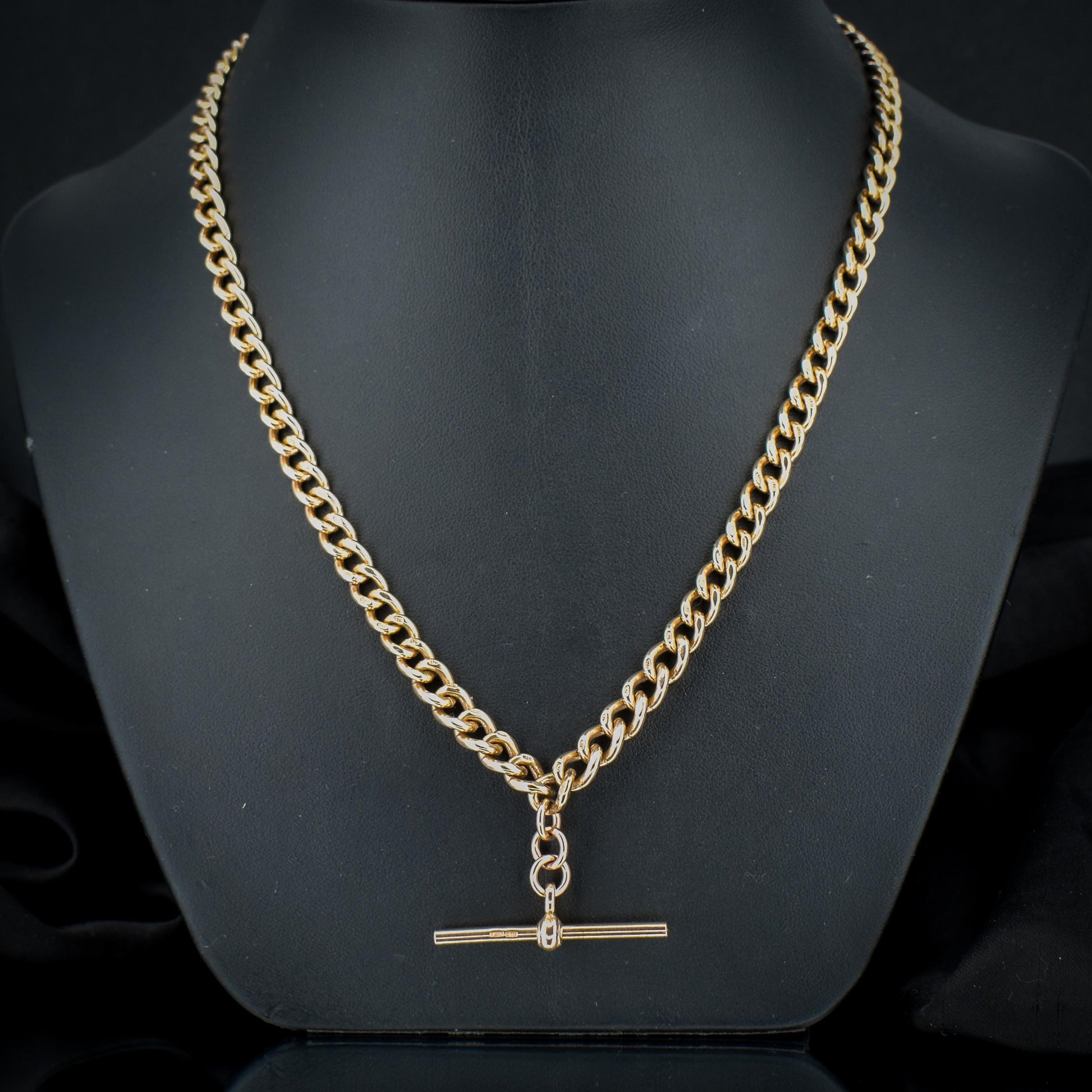 Vintage 17.75" 9ct Rose Gold Curb Link Double Albert Watch Chain Necklace