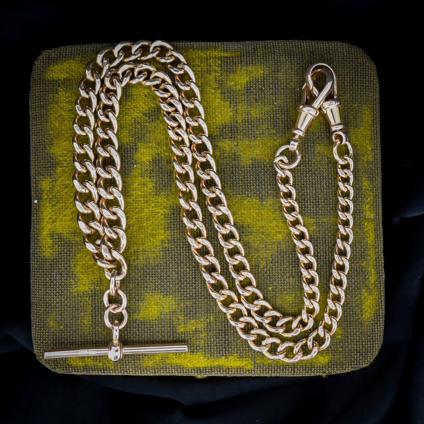 Vintage 17.75" 9ct Rose Gold Curb Link Double Albert Watch Chain Necklace