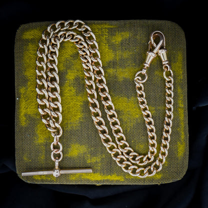 Vintage 17.75" 9ct Rose Gold Curb Link Double Albert Watch Chain Necklace