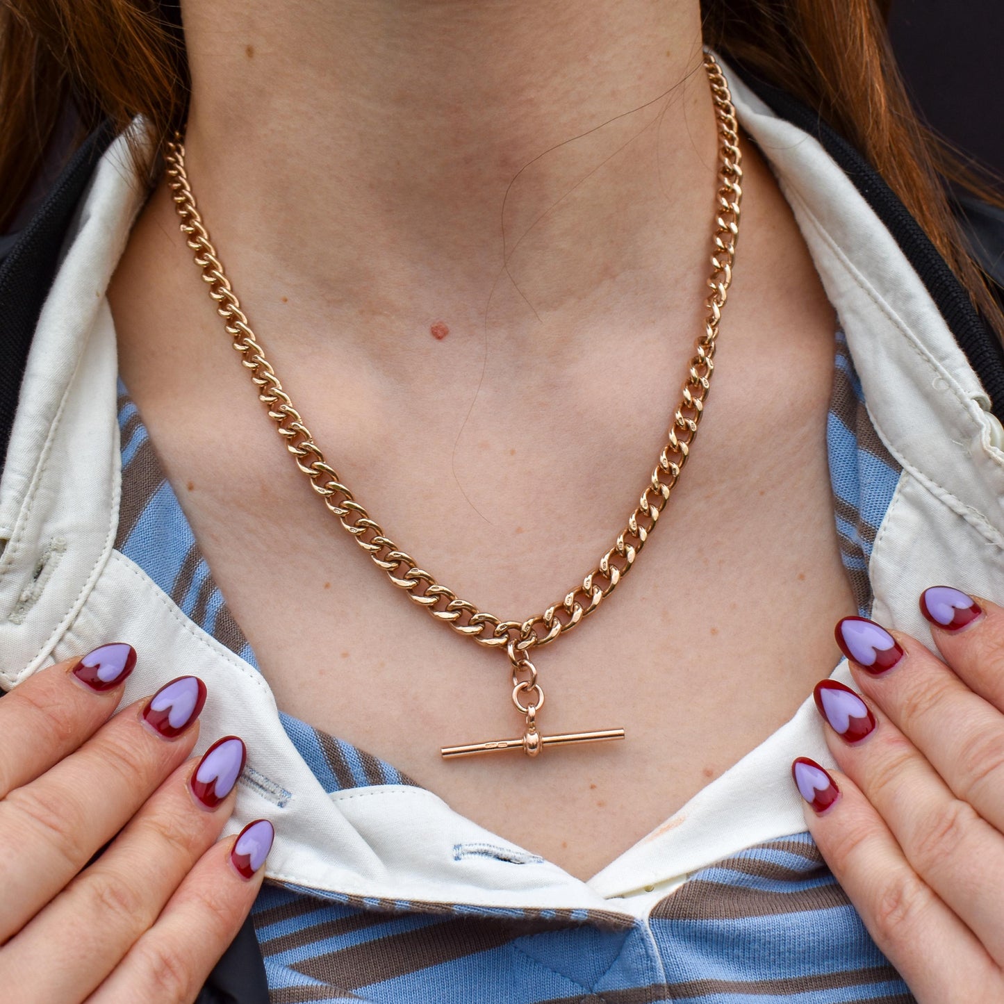 Vintage 17.75" 9ct Rose Gold Curb Link Double Albert Watch Chain Necklace