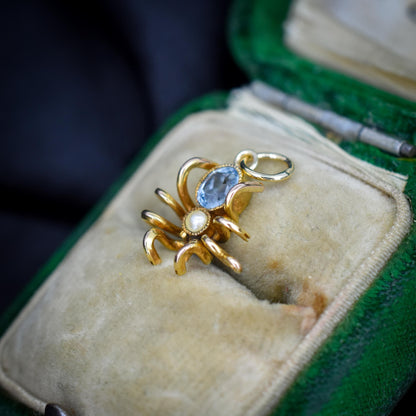 Antique Blue Paste Pearl 9ct Gold Spider Charm Pendant | Edwardian