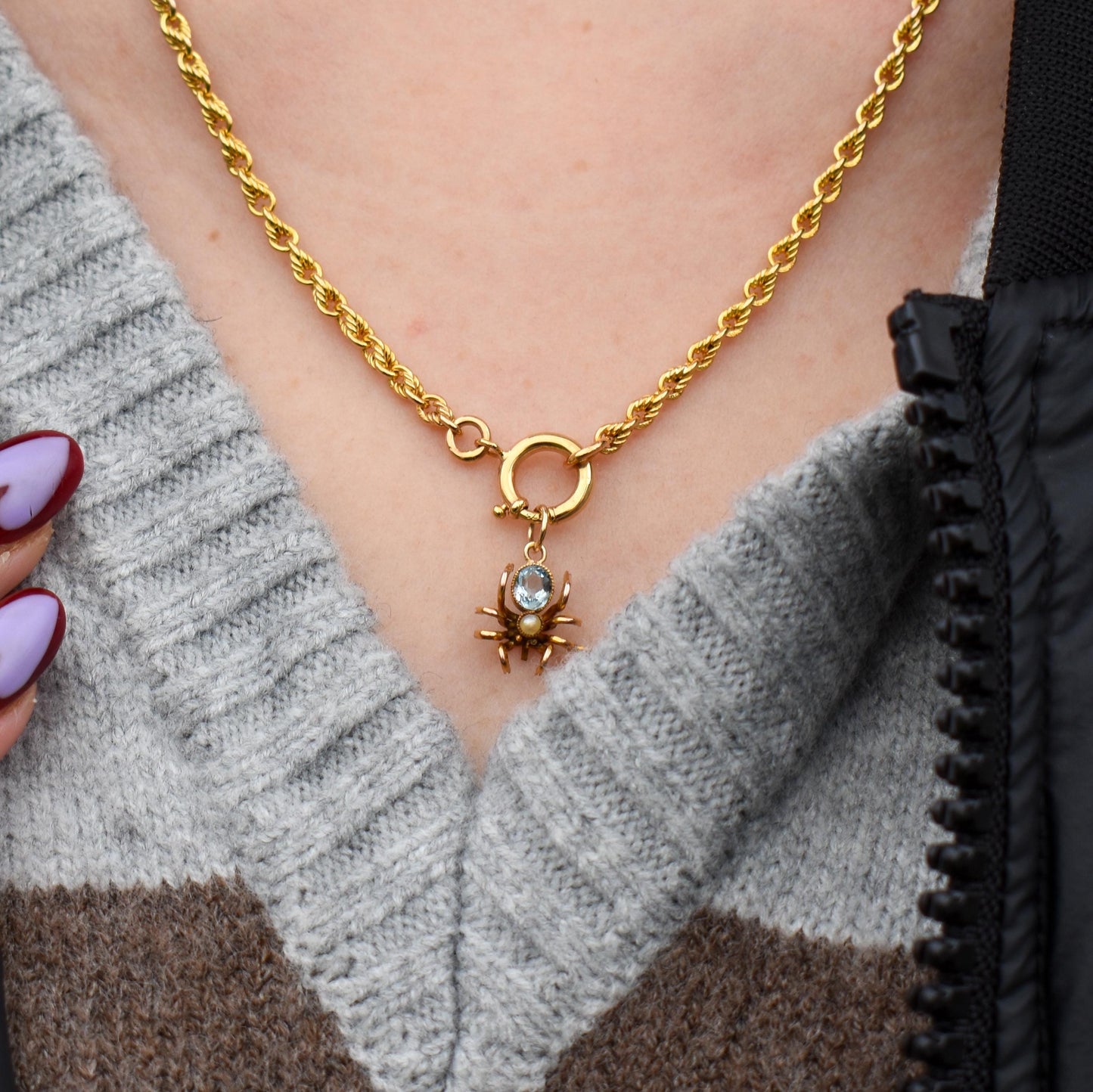 Antique Blue Paste Pearl 9ct Gold Spider Charm Pendant | Edwardian