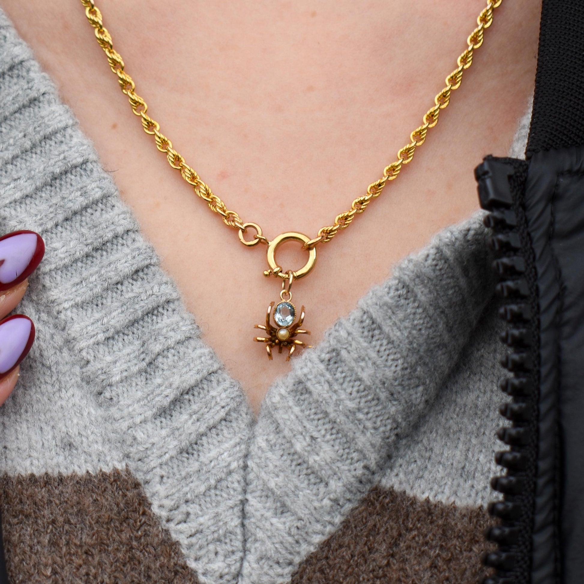 Antique Blue Paste Pearl 9ct Gold Spider Charm Pendant | Edwardian