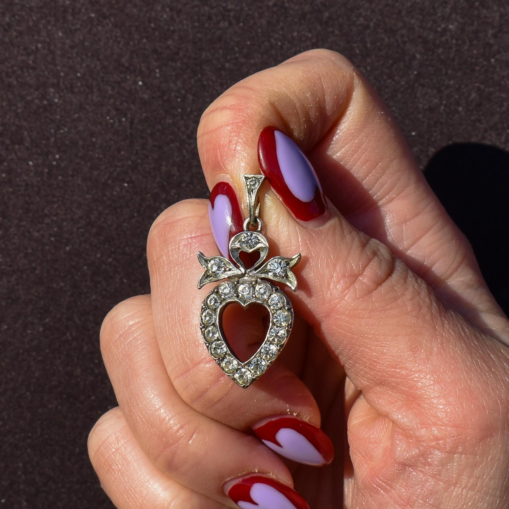 Antique Edwardian Old Cut Paste Silver Heart Pendant