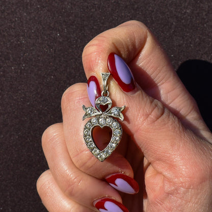 Antique Edwardian Old Cut Paste Silver Heart Pendant