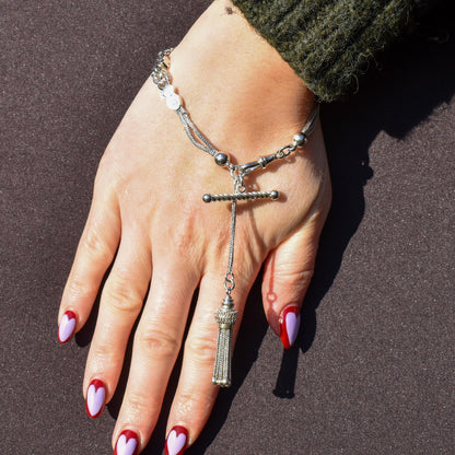 Antique Silver Double-Strand Albertina Albert Chain Bracelet with Tassel
