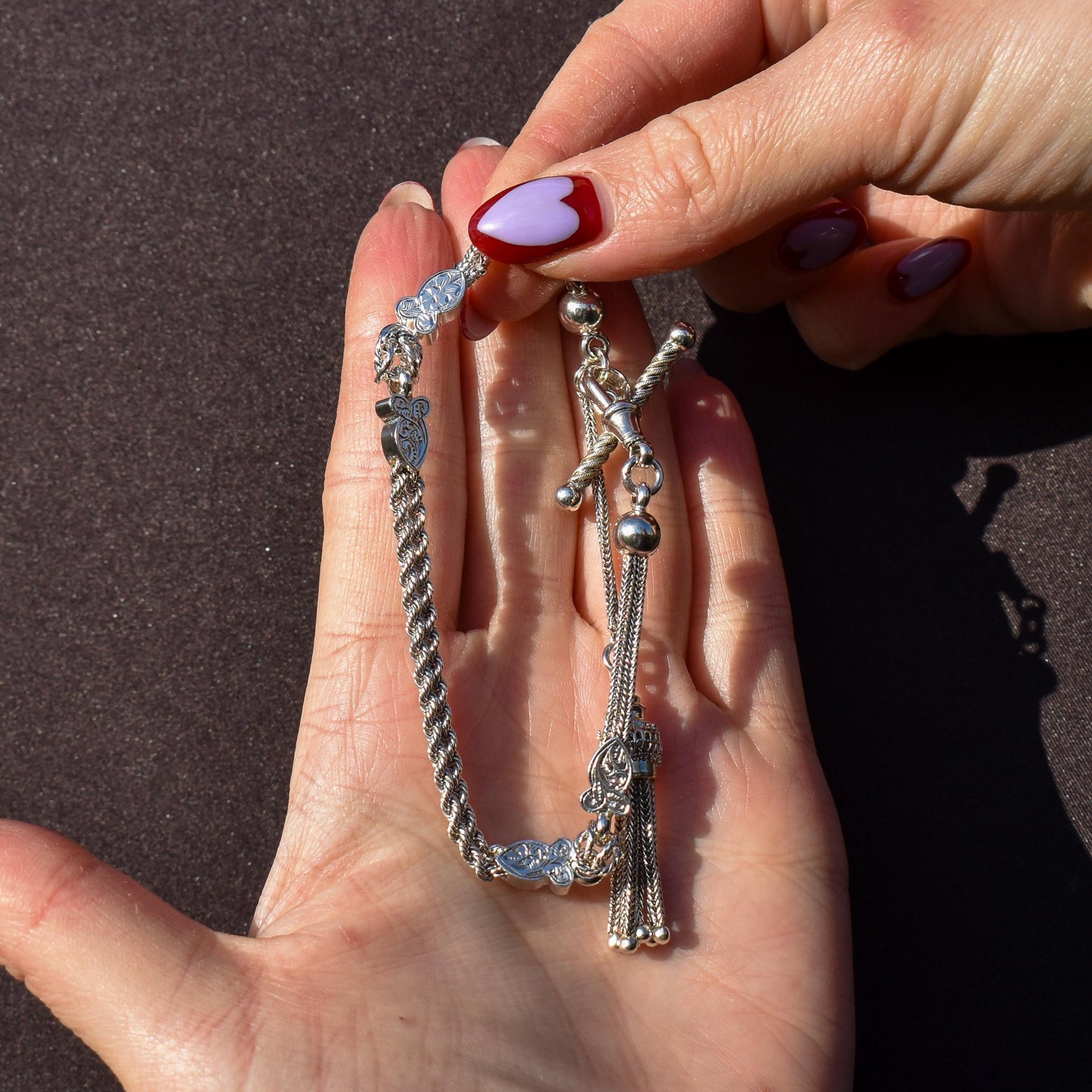 Antique Silver Double-Strand Albertina Albert Chain Bracelet with Tassel