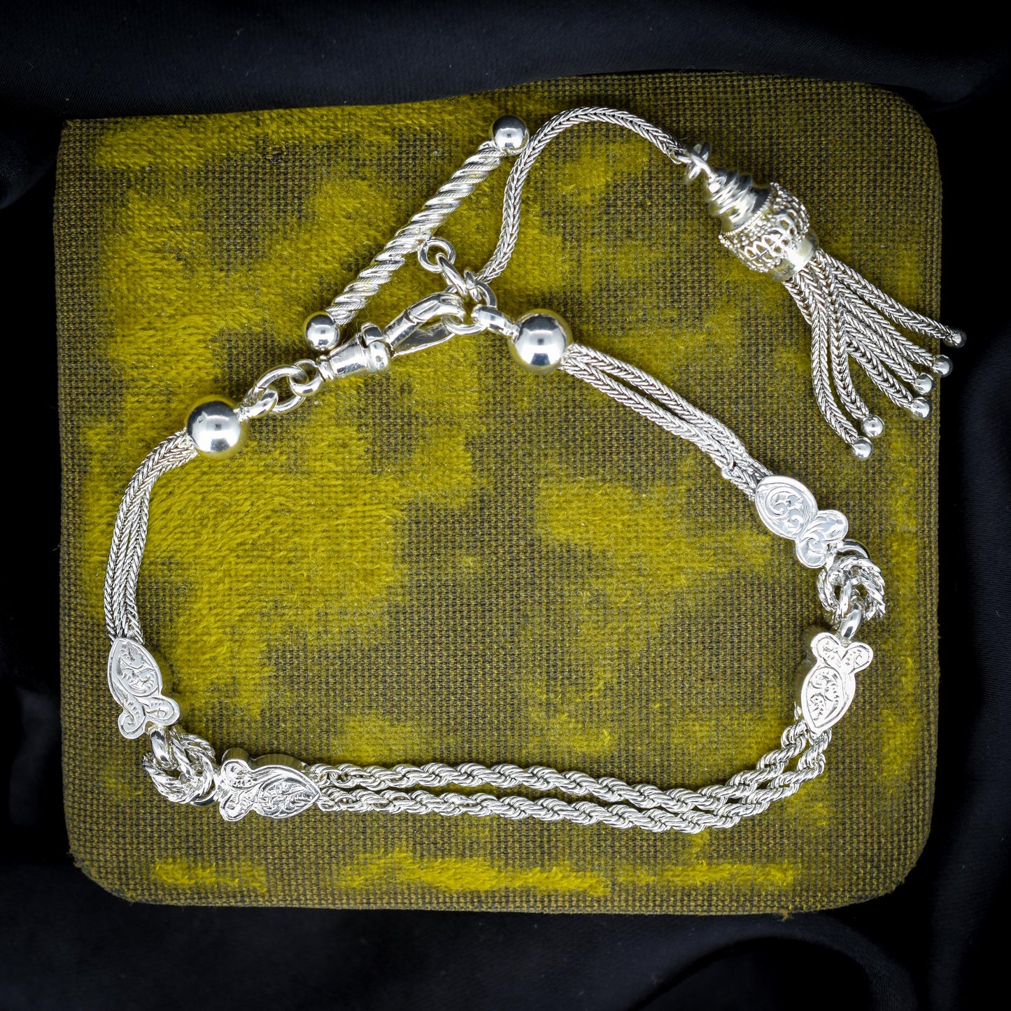 Antique Silver Double-Strand Albertina Albert Chain Bracelet with Tassel