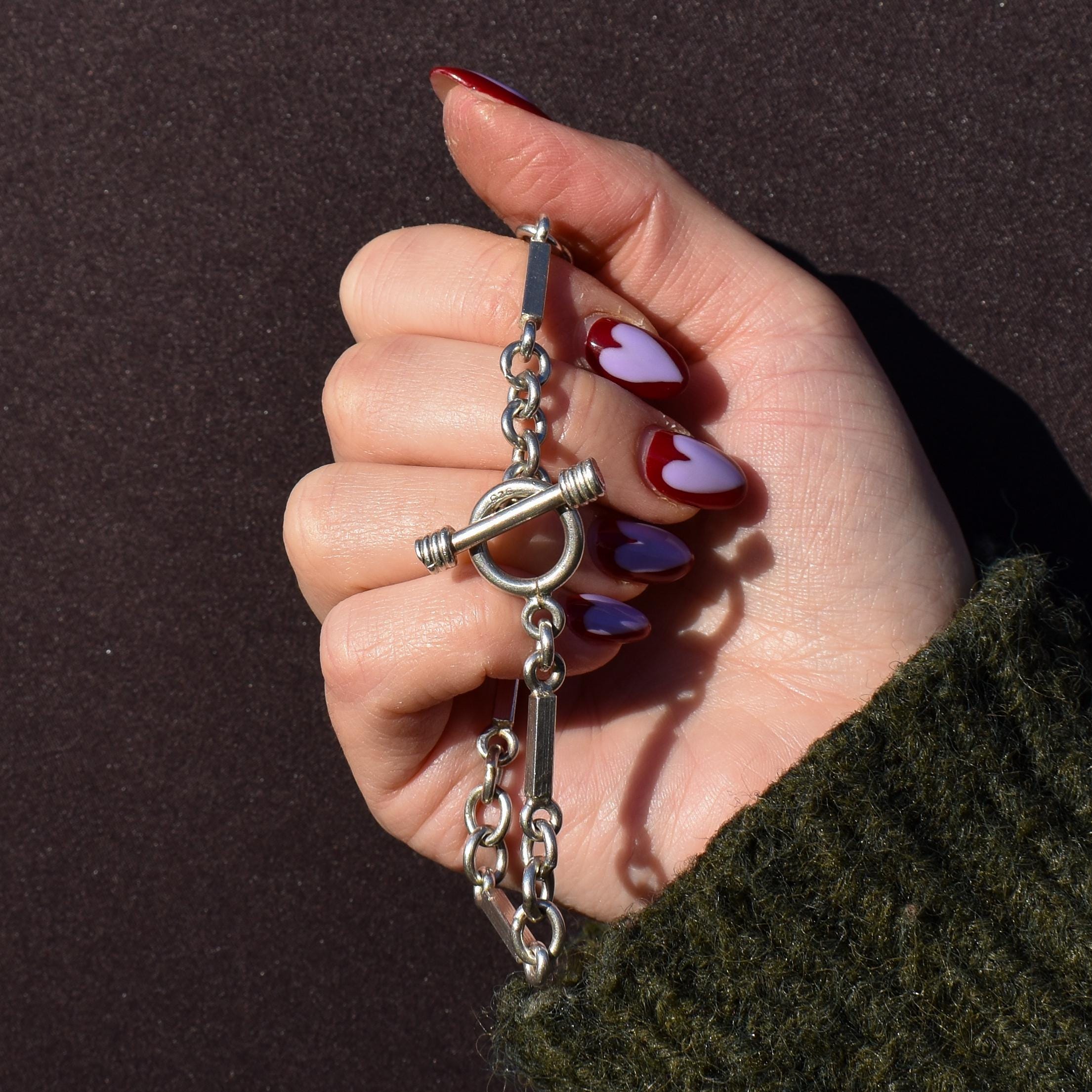 Vintage Silver Oval and Fancy Bar Link Toggle T-Bar Chain Bracelet