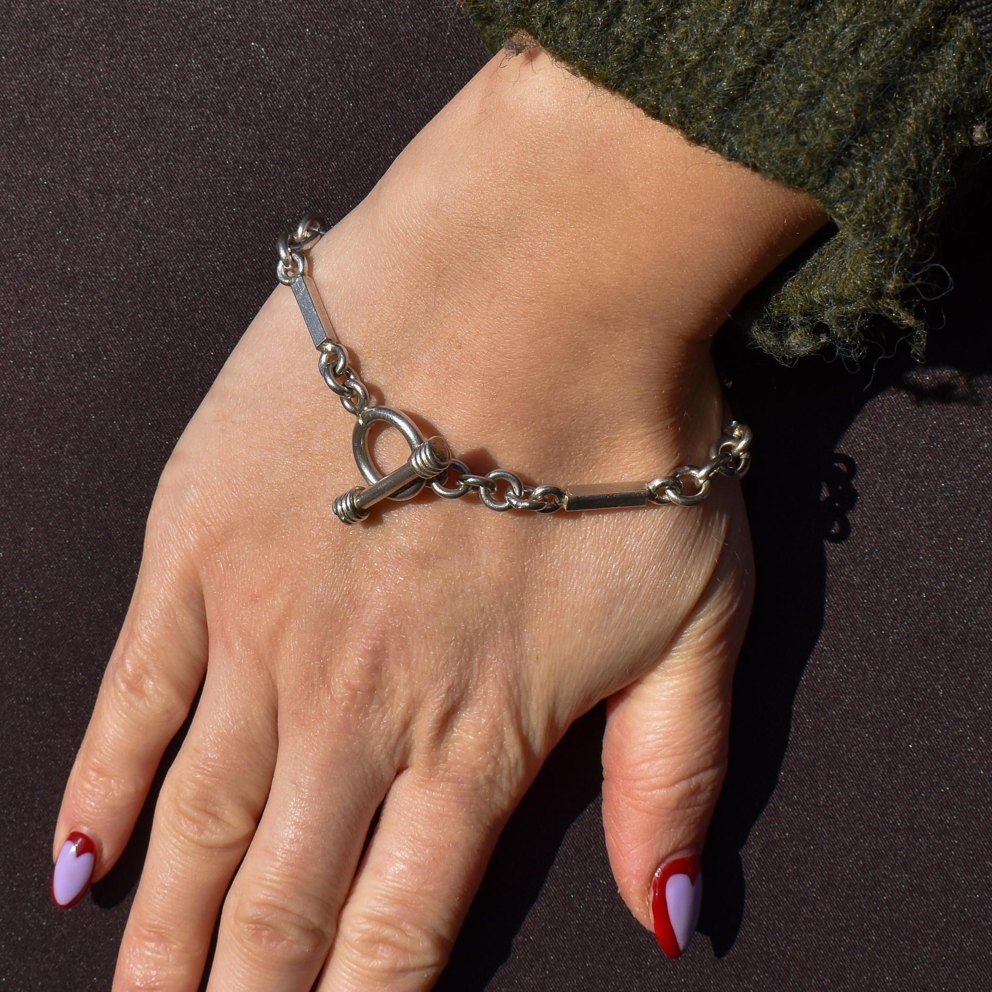 Vintage Silver Oval and Fancy Bar Link Toggle T-Bar Chain Bracelet 8.5"