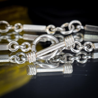 Vintage Silver Oval and Fancy Bar Link Toggle T-Bar Chain Bracelet 8.5"