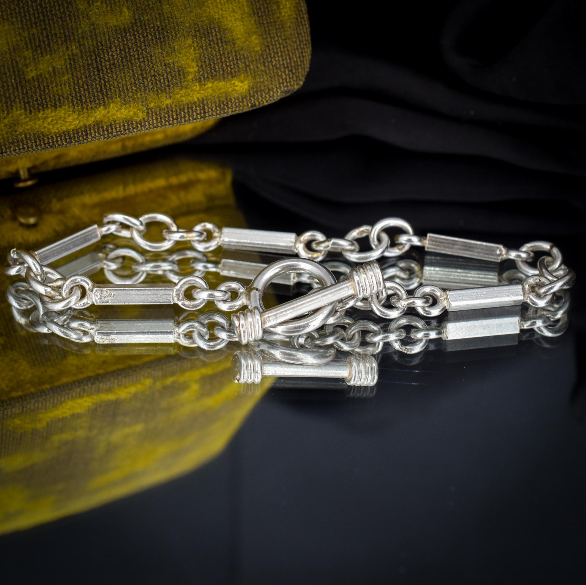 Vintage Silver Oval and Fancy Bar Link Toggle T-Bar Chain Bracelet 8.5"