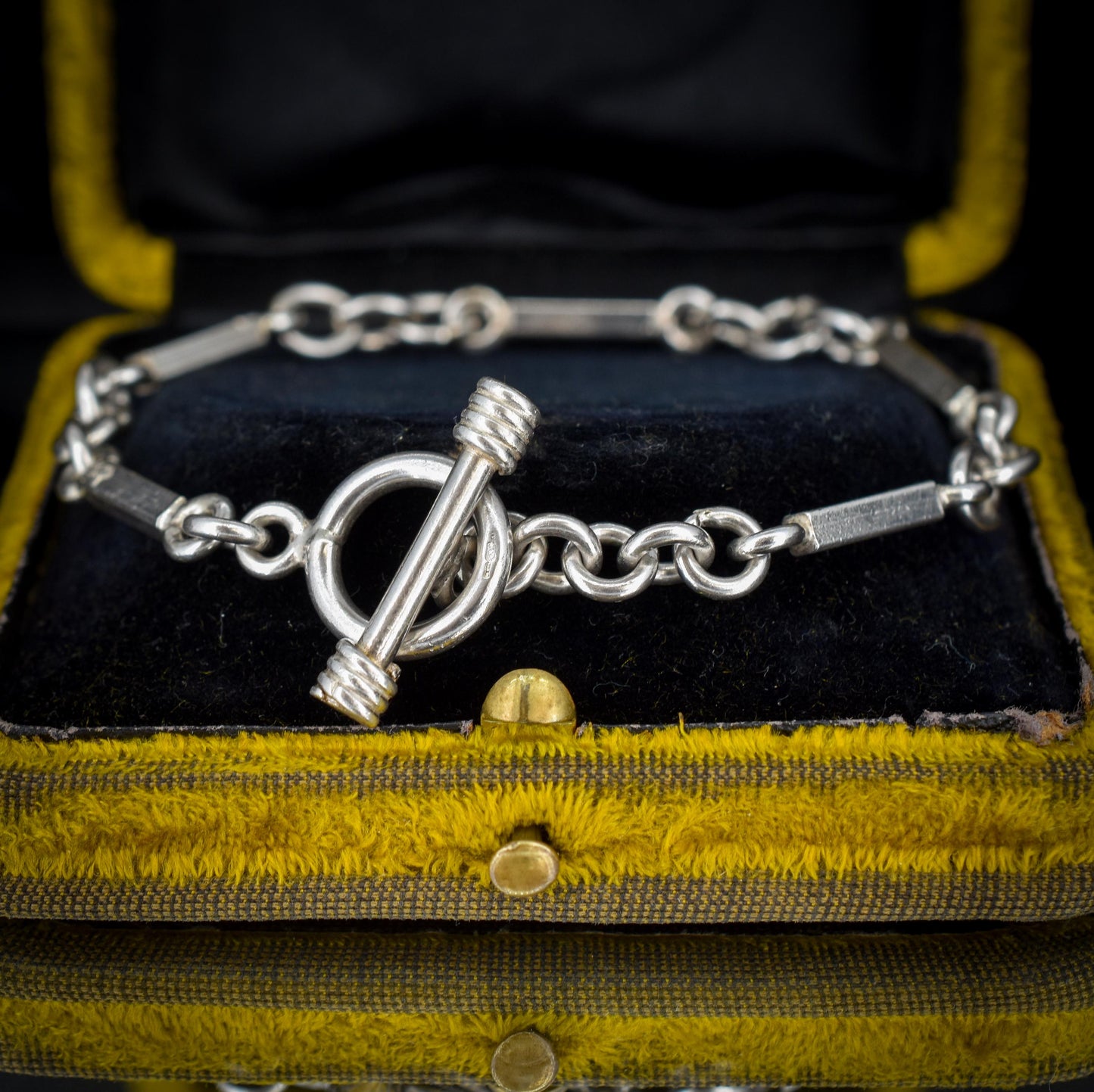 Vintage Silver Oval and Fancy Bar Link Toggle T-Bar Chain Bracelet 8.5"