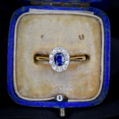 Antique Sapphire and Diamond Oval Cluster 18ct Gold and Platinum Ring