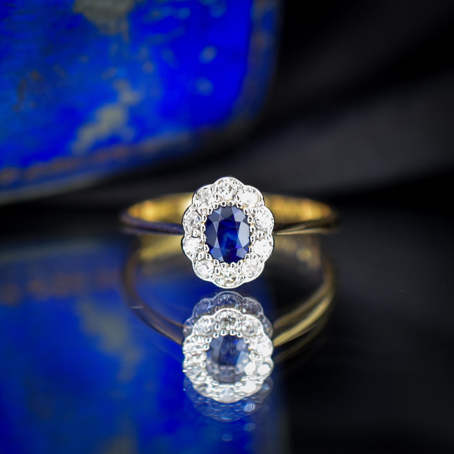 Antique Sapphire and Diamond Oval Cluster 18ct Gold and Platinum Ring