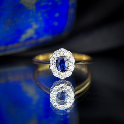 Antique Sapphire and Diamond Oval Cluster 18ct Gold and Platinum Ring