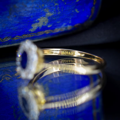 Antique Sapphire and Diamond Oval Cluster 18ct Gold and Platinum Ring